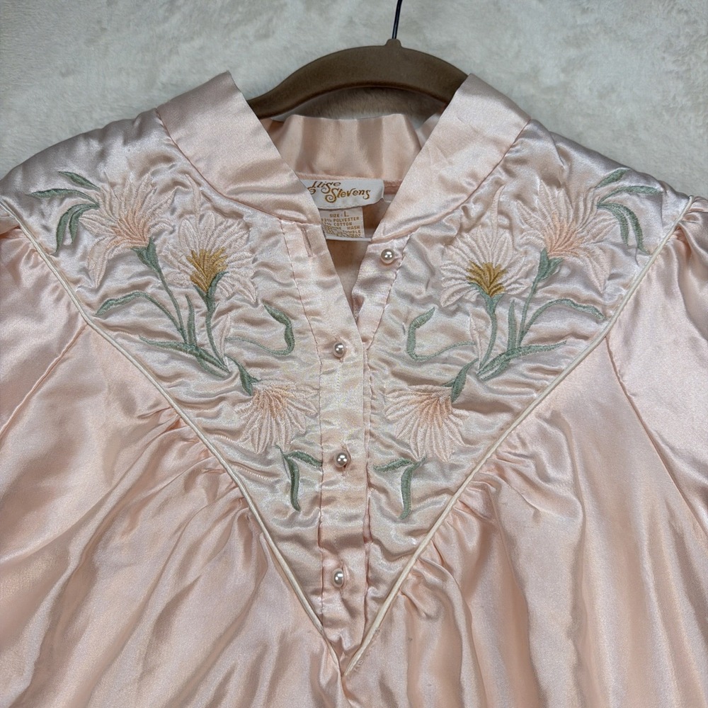 Vintage Satin Nightgown Embroidered Floral Pink Cottagecore Sleepwear Large